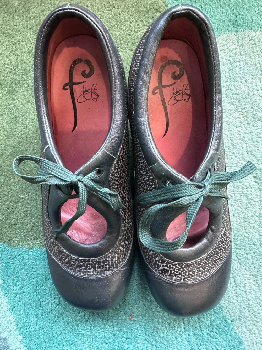 Fluevog VINTAGE EXCELLENT Friends Tillie petrol green wedge lace-up shoes -10
